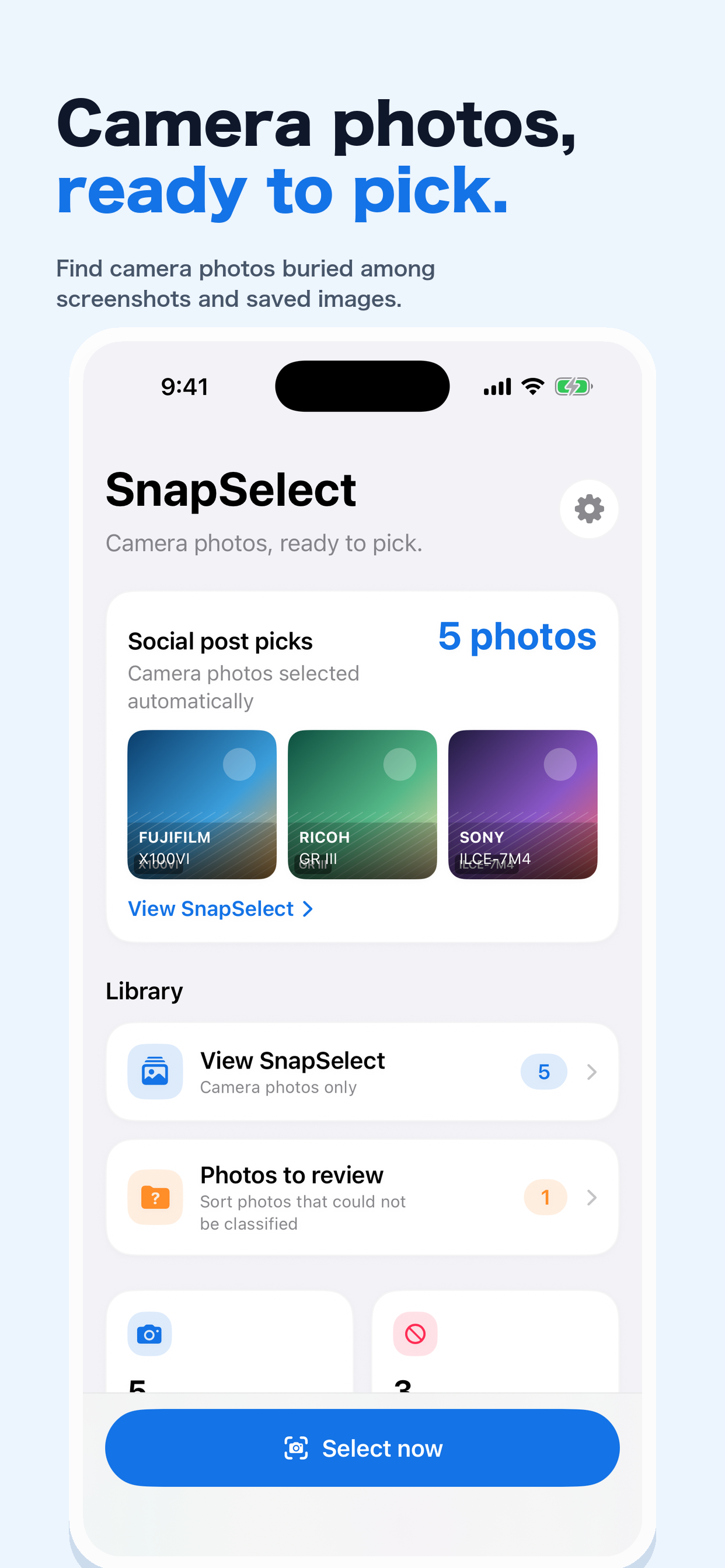 SnapSelect home screen showing five camera photos selected as candidates for sharing.