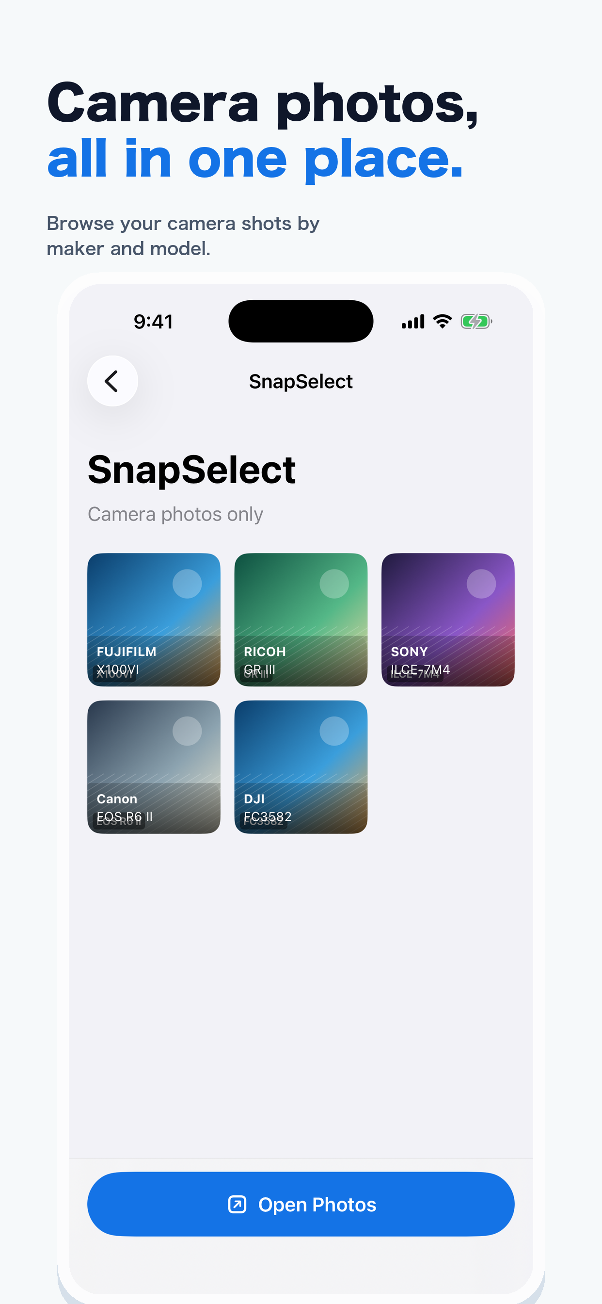 SnapSelect gallery showing camera photos labeled with camera models such as Fujifilm and Ricoh.