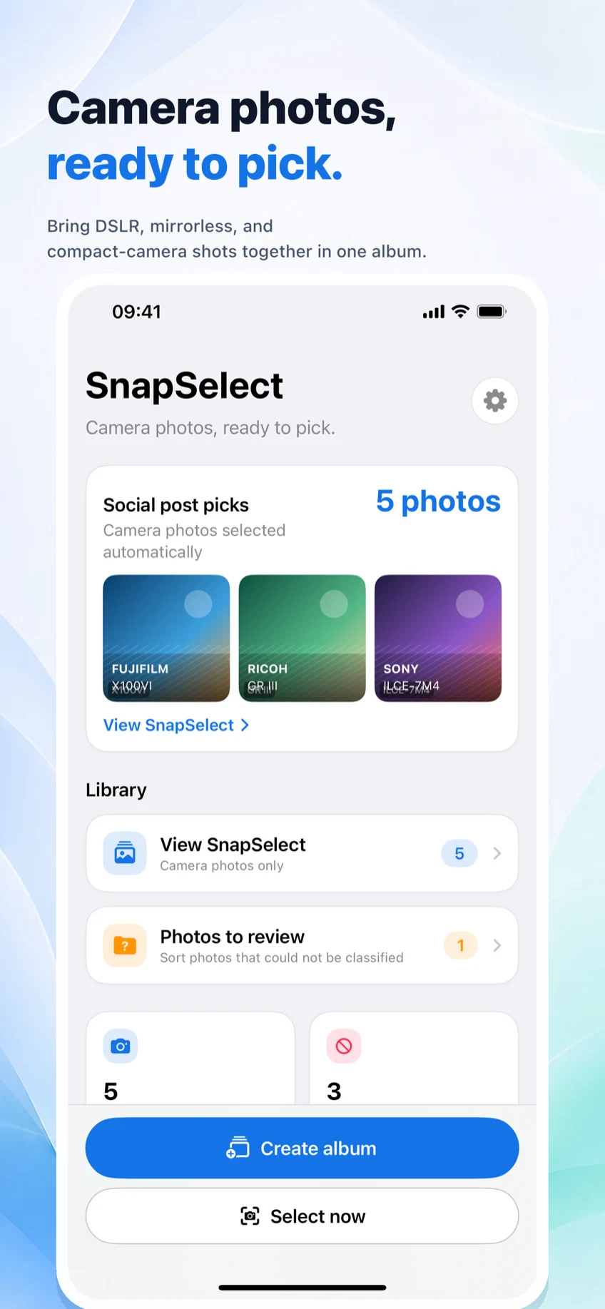 SnapSelect home screen showing five camera photos selected as candidates for sharing.