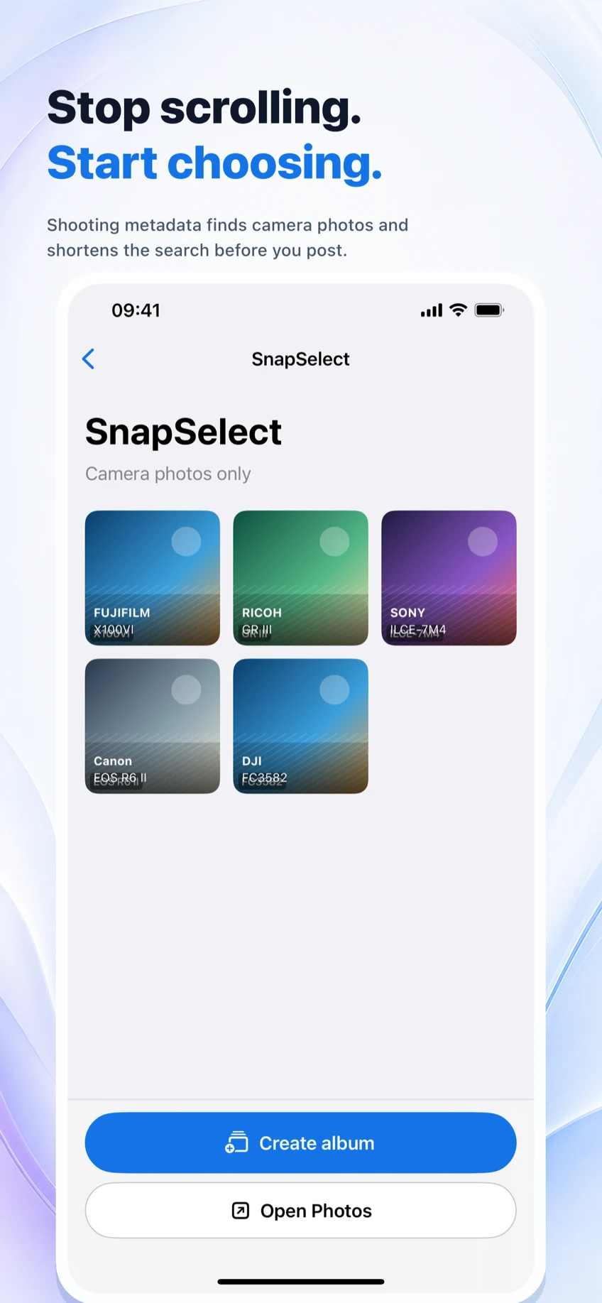 SnapSelect gallery showing camera photos labeled with camera models such as Fujifilm and Ricoh.